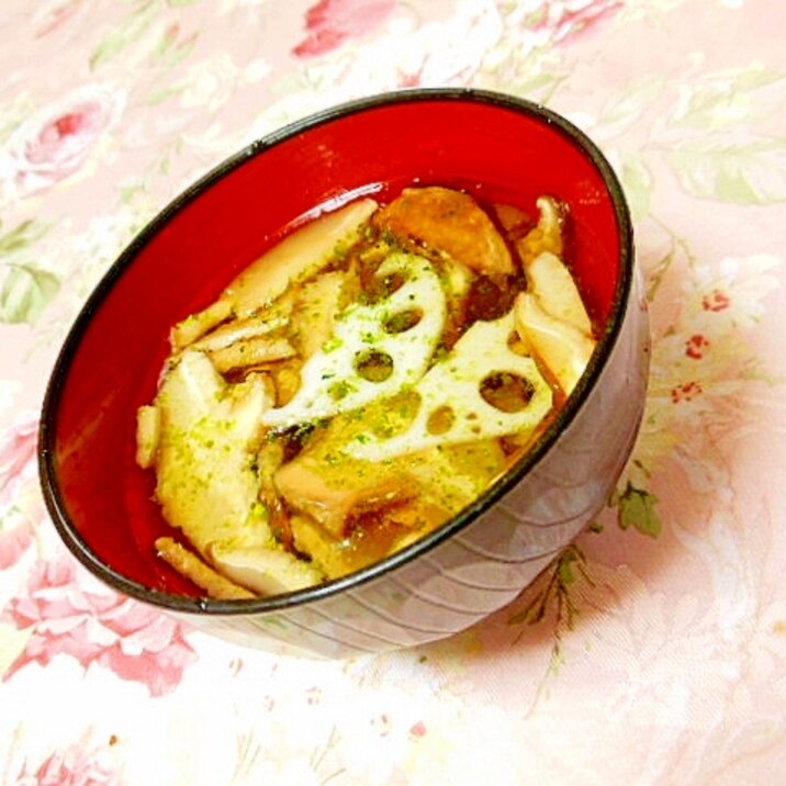ツナ缶の汁ｄｅ❤蓮根＆どんこのめんつゆ青海苔スープ